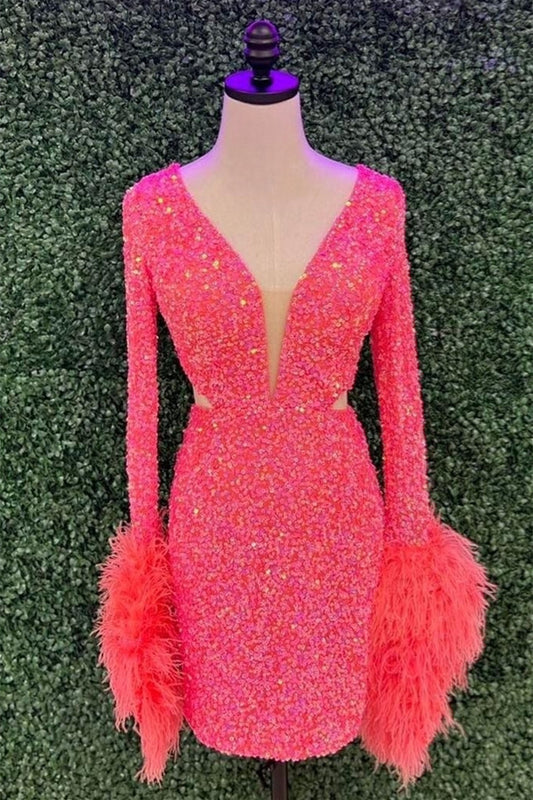 Deep V Long Sleeves Sequins Homecoming Dress with Feathers