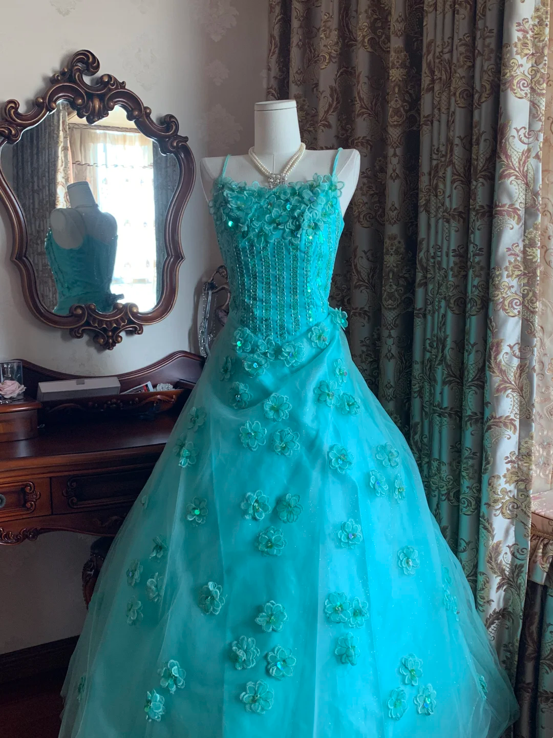 Lake Blue Spaghetti Strap Waist-Cinched Voluminous Skirt Prom Dress, Evening Ball Gown, Birthday Party Gown gh7282