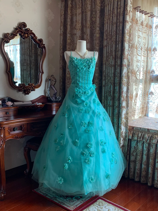 Lake Blue Spaghetti Strap Waist-Cinched Voluminous Skirt Prom Dress, Evening Ball Gown, Birthday Party Gown gh7282