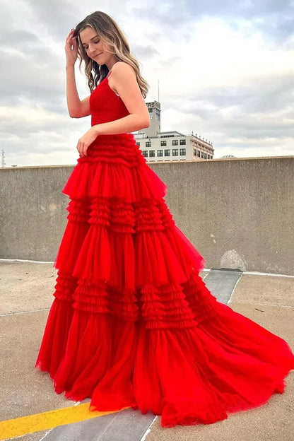 V-Neck Spaghetti Straps Empire With Side Slit Tulle A-Line Prom Dress