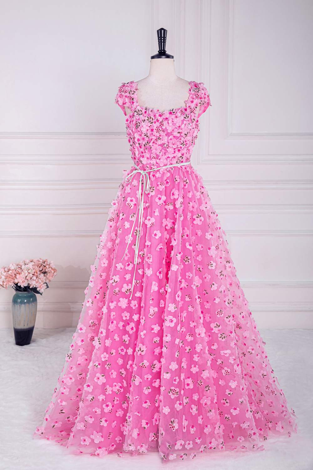 Pink 3D Floral A-line Cap Sleeves Long Prom Dress with Slit
