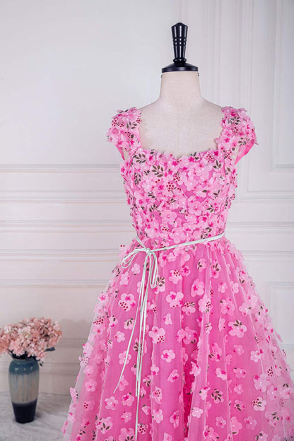 Pink 3D Floral A-line Cap Sleeves Long Prom Dress with Slit