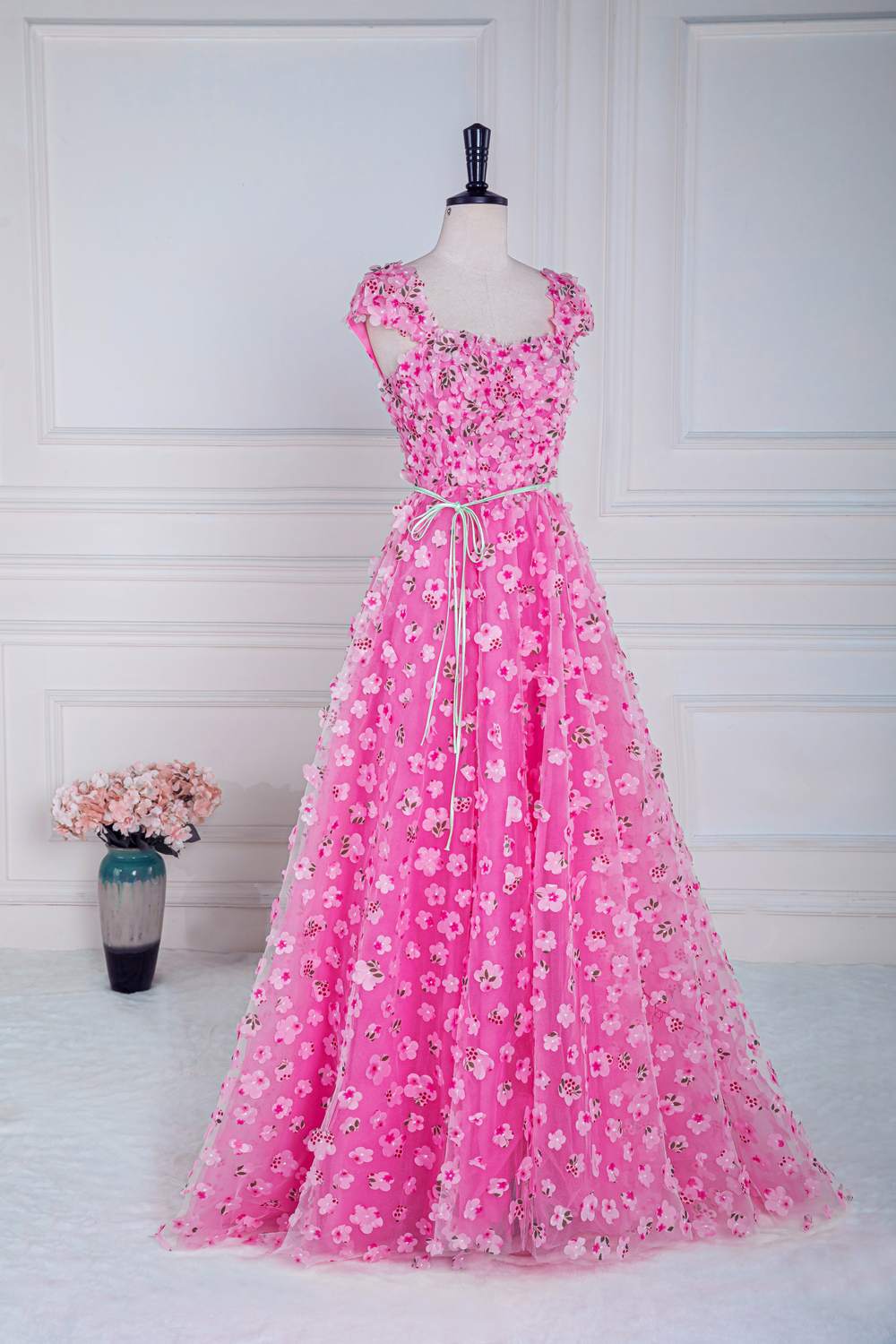 Pink 3D Floral A-line Cap Sleeves Long Prom Dress with Slit
