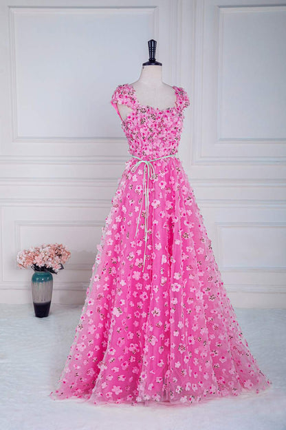 Pink 3D Floral A-line Cap Sleeves Long Prom Dress with Slit