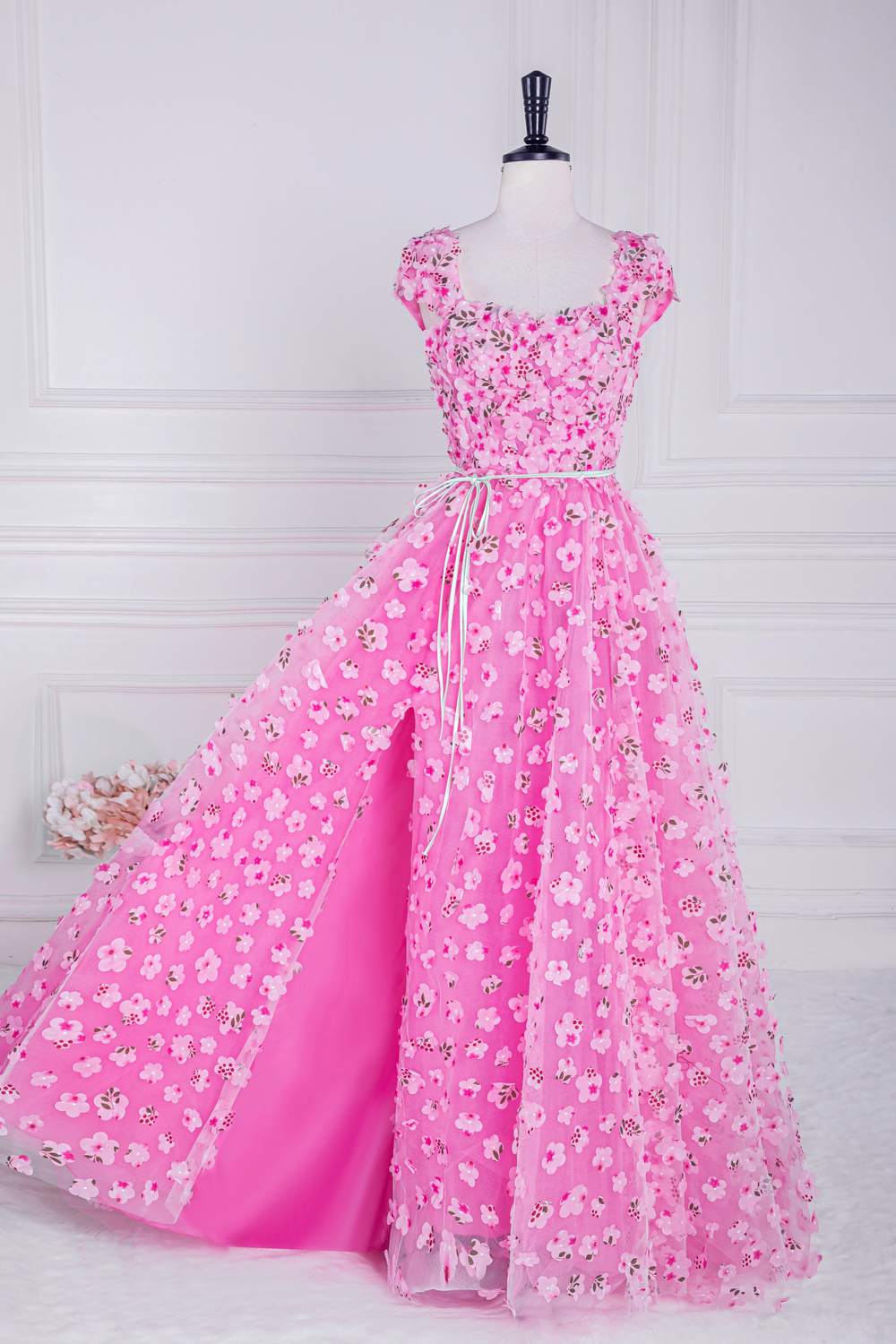 Pink 3D Floral A-line Cap Sleeves Long Prom Dress with Slit