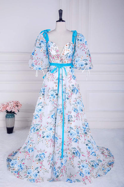 Blue and White Bow Tie Straps Puff Sleeves Long Prom Dress with Slit