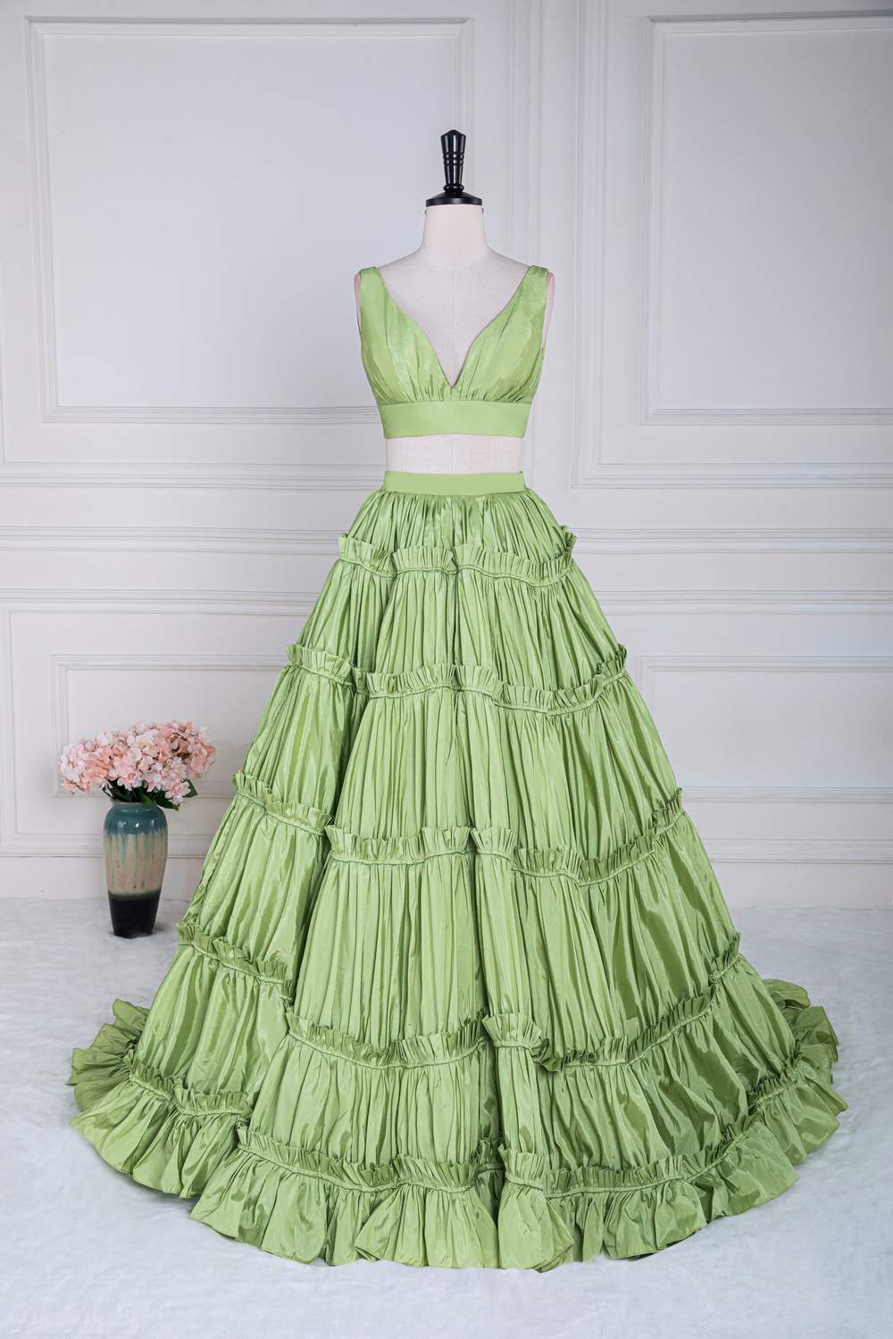 Green Plunging V Two-Piece Ruffle Layers A-line Long Prom Dress