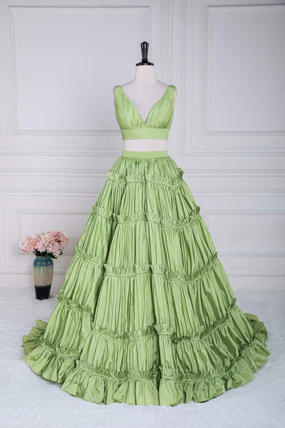 Green Plunging V Two-Piece Ruffle Layers A-line Long Prom Dress