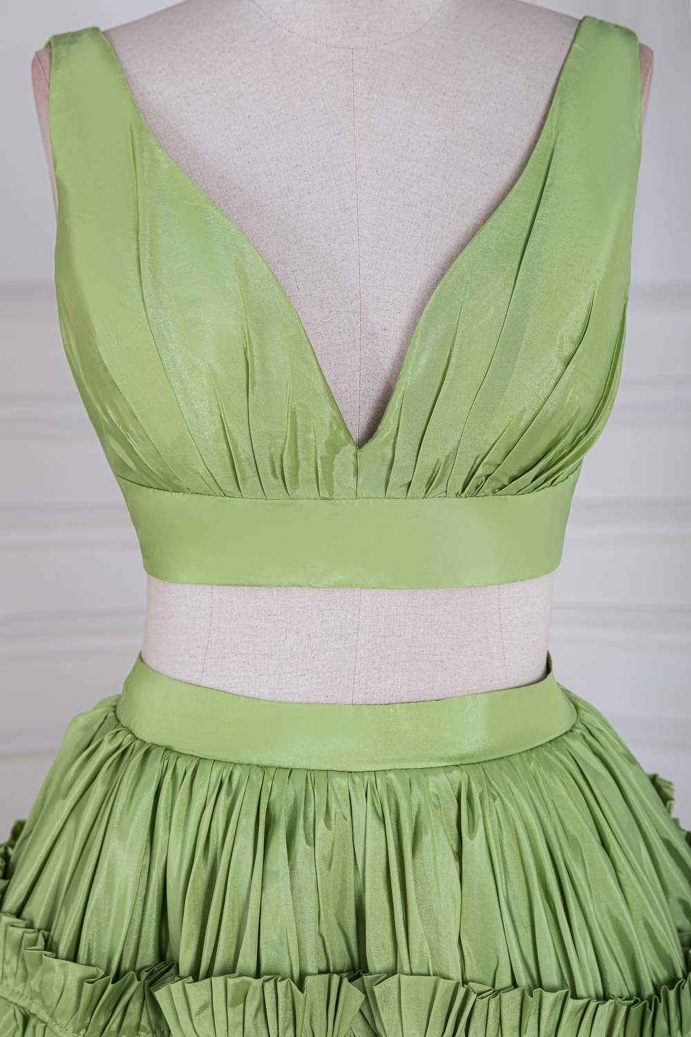 Green Plunging V Two-Piece Ruffle Layers A-line Long Prom Dress
