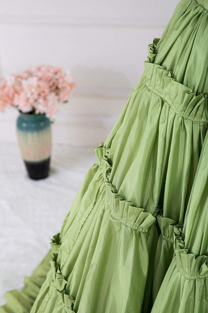 Green Plunging V Two-Piece Ruffle Layers A-line Long Prom Dress