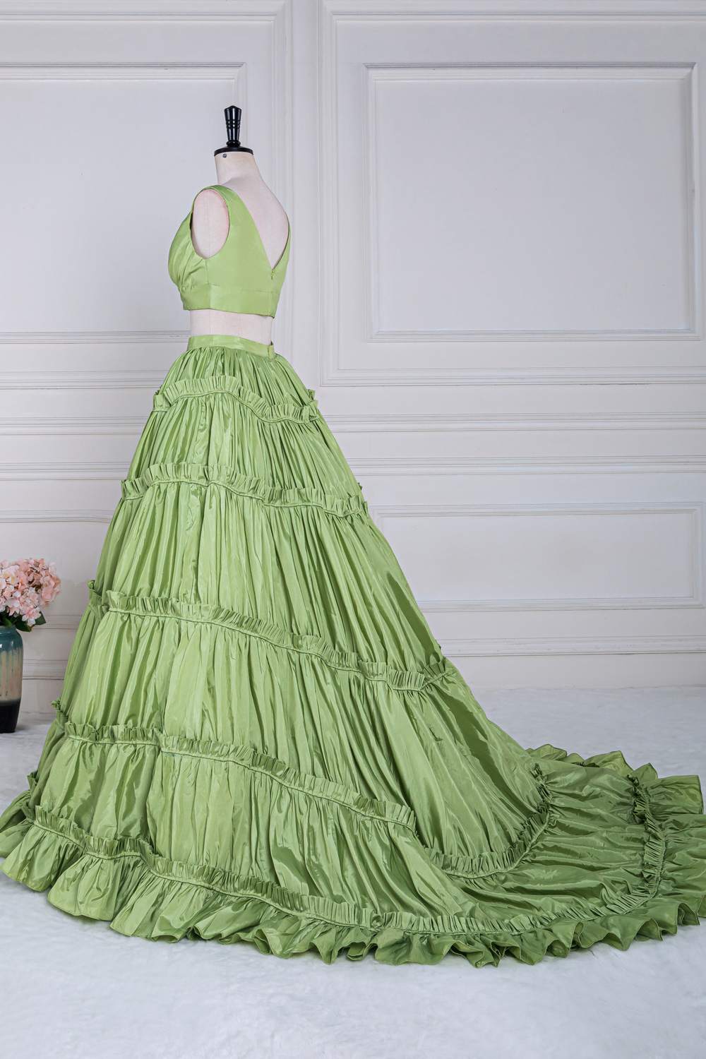 Green Plunging V Two-Piece Ruffle Layers A-line Long Prom Dress