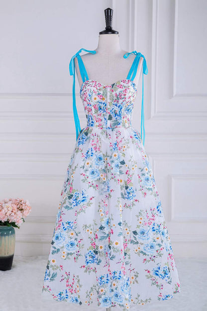 Blue and White Bow Tie Straps Floral Tea-Length Prom Dress