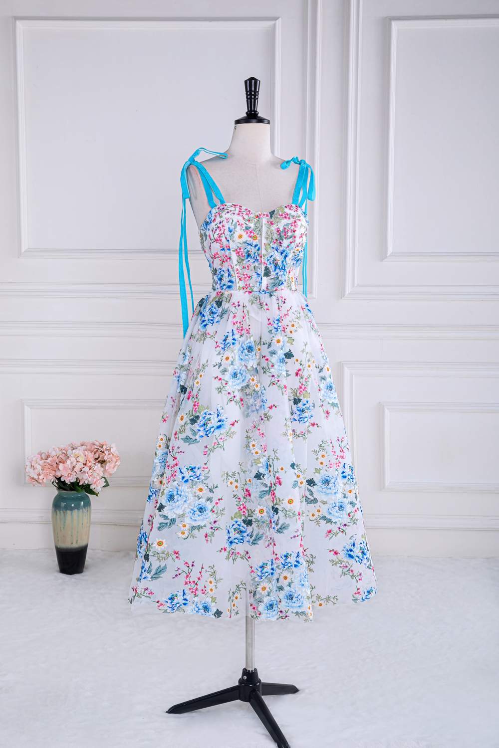 Blue and White Bow Tie Straps Floral Tea-Length Prom Dress