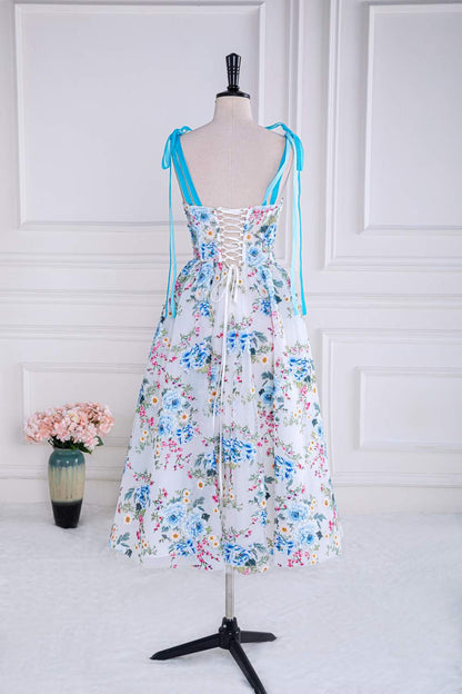 Blue and White Bow Tie Straps Floral Tea-Length Prom Dress