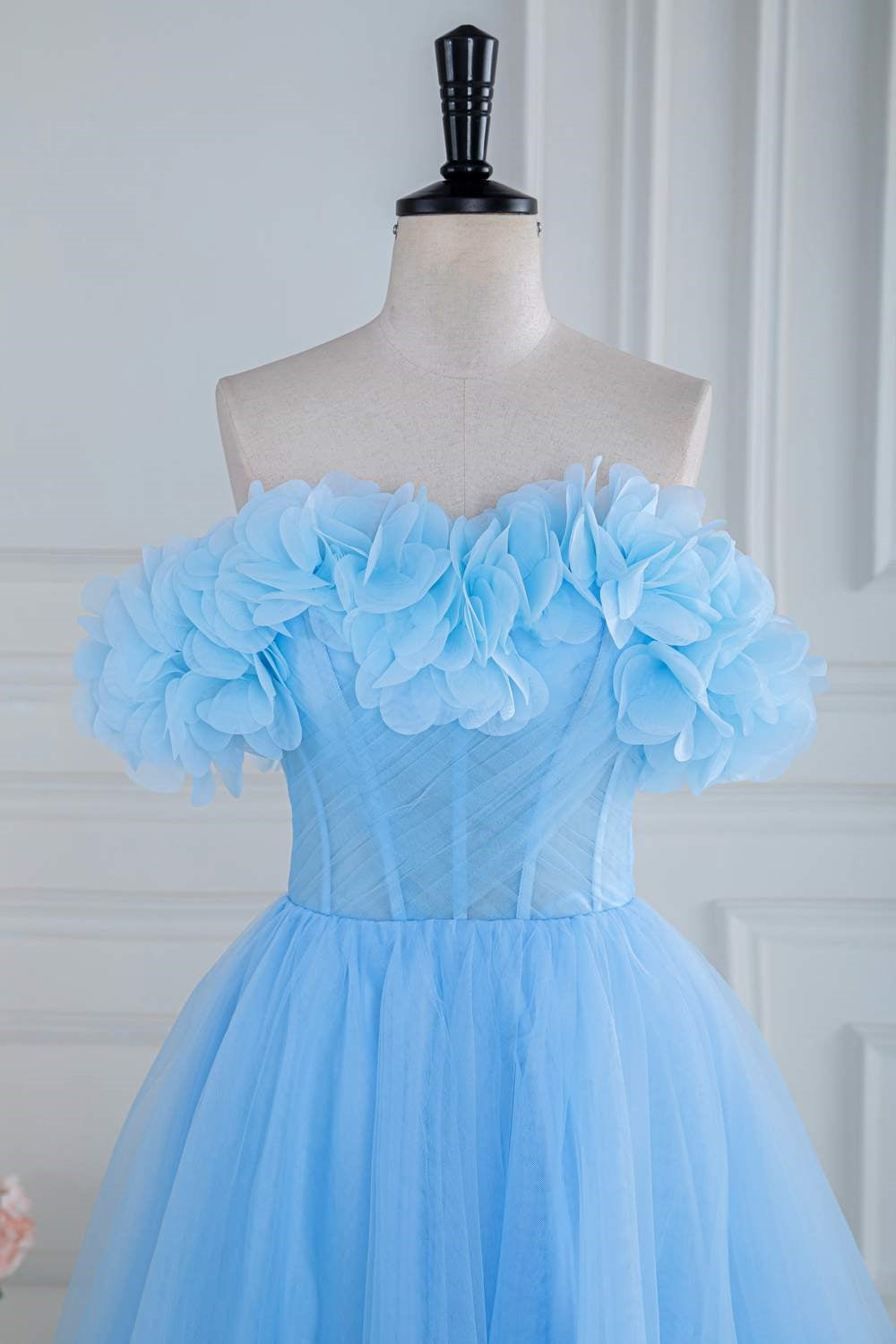 Light Blue Flowers Off-Shoulder A-line Long Prom Dress with Slit