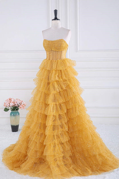 Yellow Sequined Strapless Layers A-line Long Prom Dress