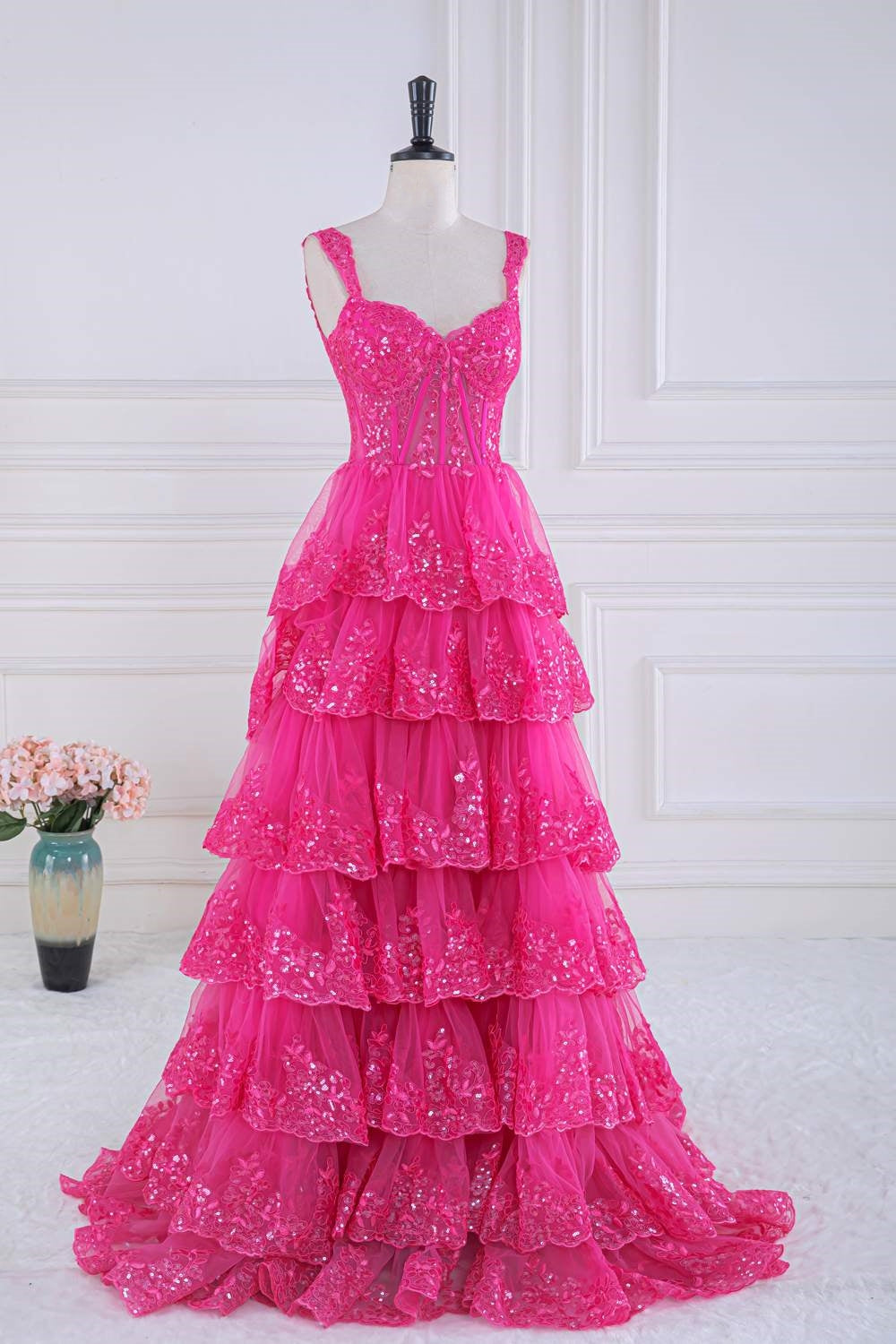 Hot Pink Layers Sequined Floral Long Prom Dress