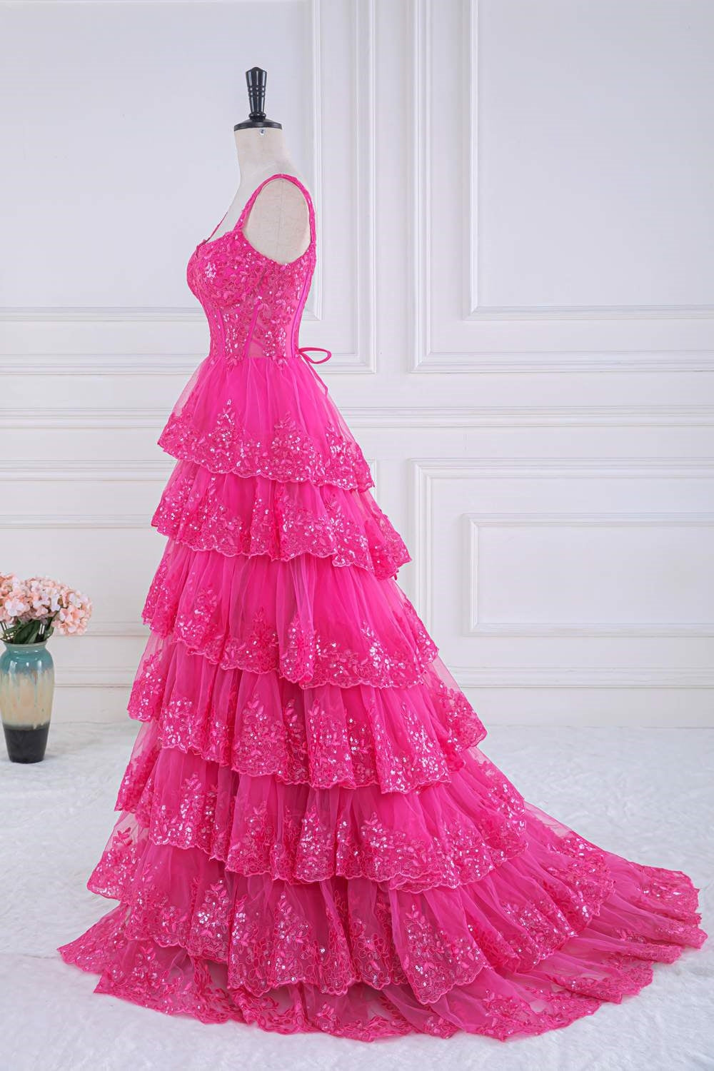 Hot Pink Layers Sequined Floral Long Prom Dress