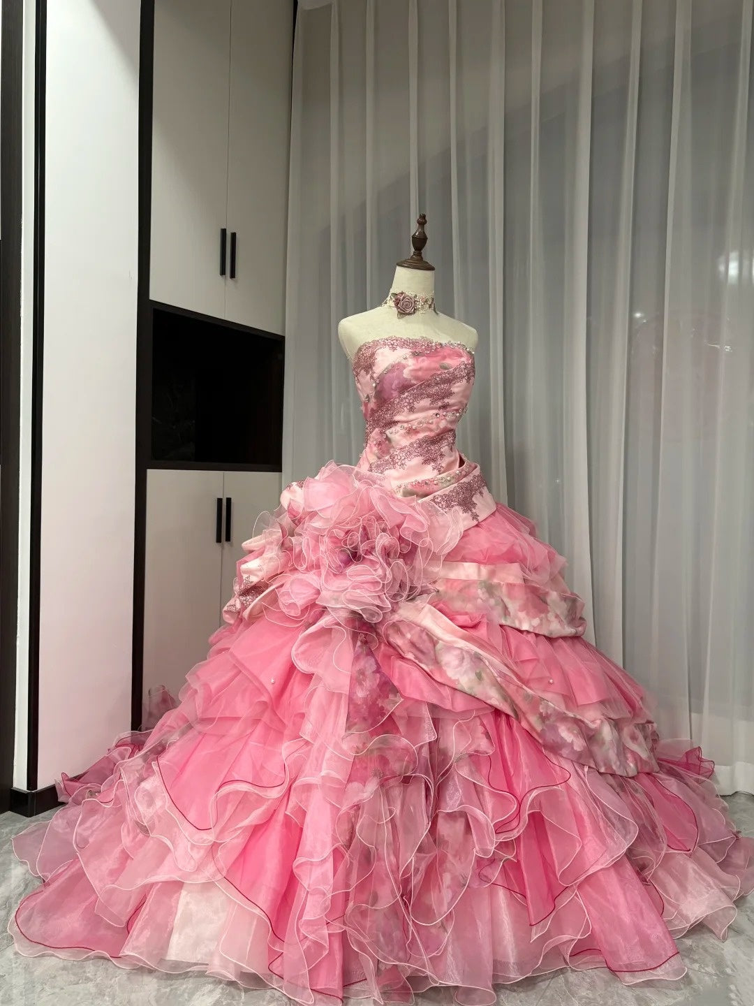 Pink Floral Beaded Long Tulle Ball Gown 16th Birthday Dress Quinceanera Dress gh4736