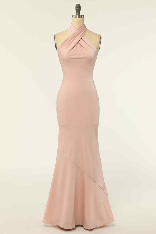 Champagne Mermaid Halter Satin Pleated Long Bridesmaid Dress