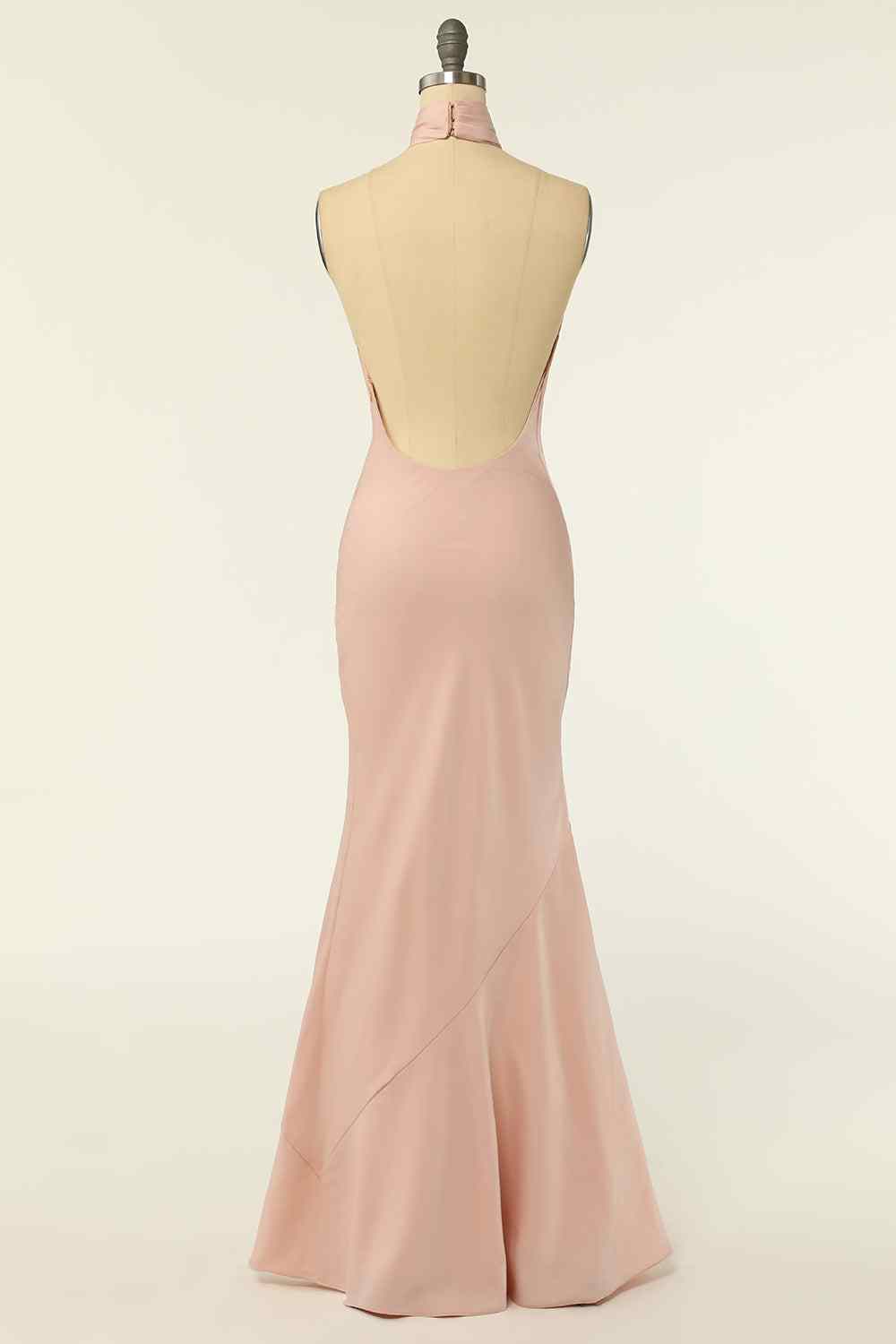 Champagne Mermaid Halter Satin Pleated Long Bridesmaid Dress