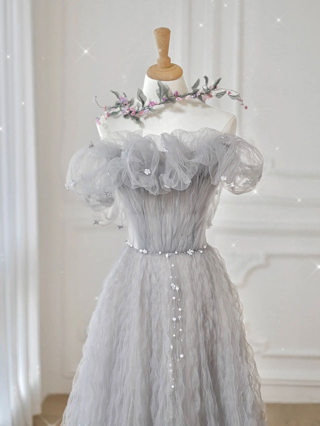 Gray tulle off shoulder long prom dress, gray tulle formal dress