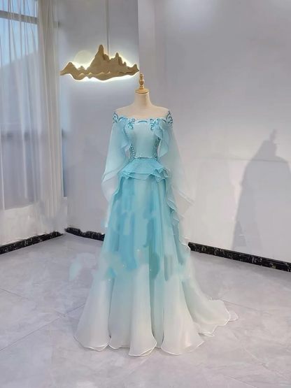 Light Blue Gradient Waist-Cinched Fitted Long Evening Dress, Fairy Gown, Romantic Gown gh7401