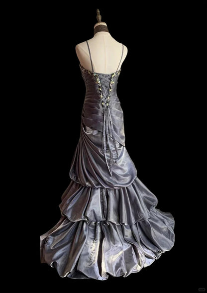 Vintage Grey Mermaid Spaghetti Strap Satin Train Prom Dress Evening Dress P4231