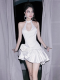 Simple Fashion White Halter Dress Design A-line Satin Party Dresses Homecoming Dresses, TP3838