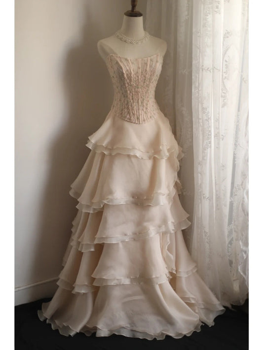 Sweet Pink A-line Strapless Beaded Layered Chiffon Long Prom Dress Evening Dress P4235