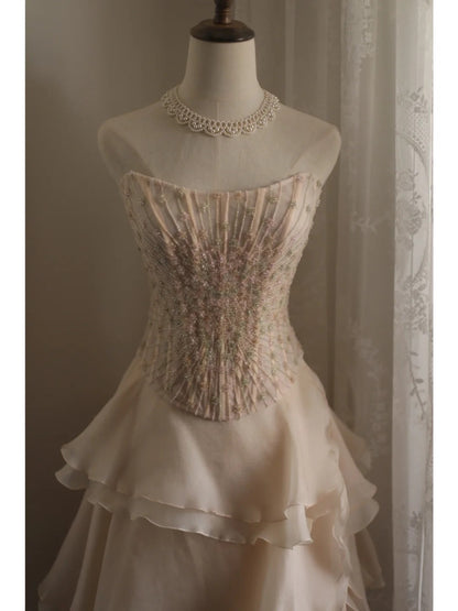 Sweet Pink A-line Strapless Beaded Layered Chiffon Long Prom Dress Evening Dress P4235