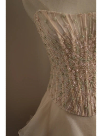 Sweet Pink A-line Strapless Beaded Layered Chiffon Long Prom Dress Evening Dress P4235