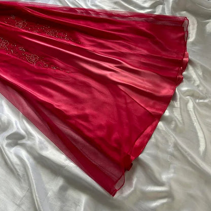 Red shiny exquisite elegant beaded fashion strap long chiffon ball gown, evening dress, party dress gh3516