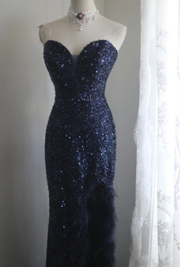 Elegant Navy Blue Mermaid Heart-shaped Neckline Feather Sequined Long Prom Dress Evening Dress P4239