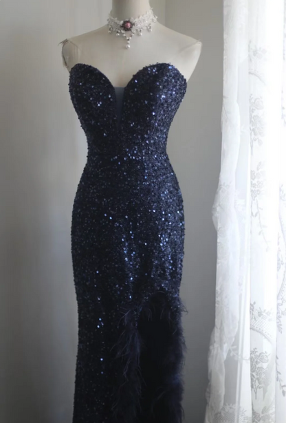 Elegant Navy Blue Mermaid Heart-shaped Neckline Feather Sequined Long Prom Dress Evening Dress P4239