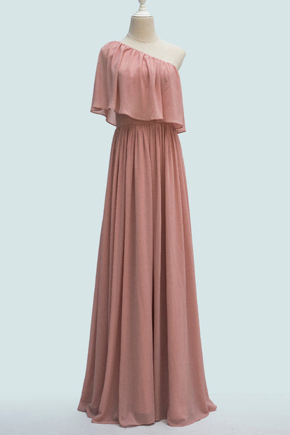 Blush Pink A-line One Shoulder Chiffon Crepe Bridesmaid Dress