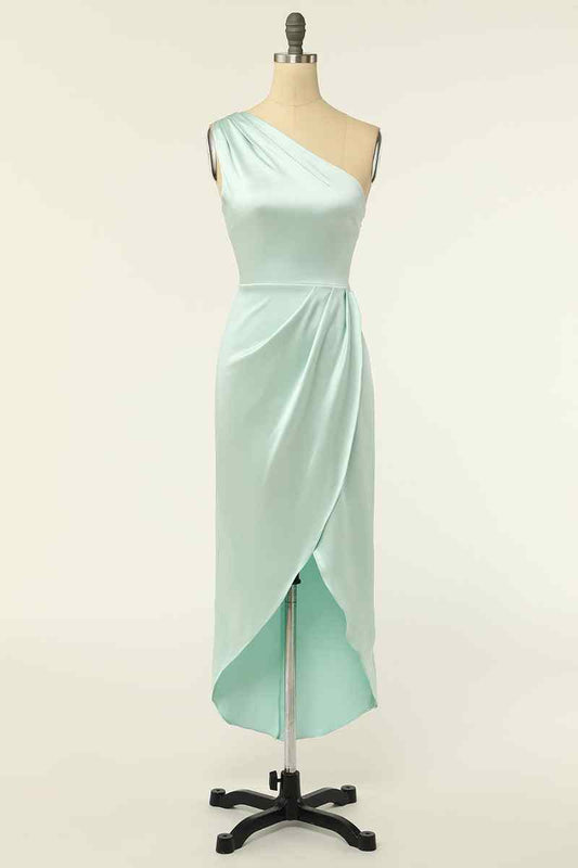 Agave Faux-wrap One Shoulder Satin Pleated Knee Length Bridesmaid Dress