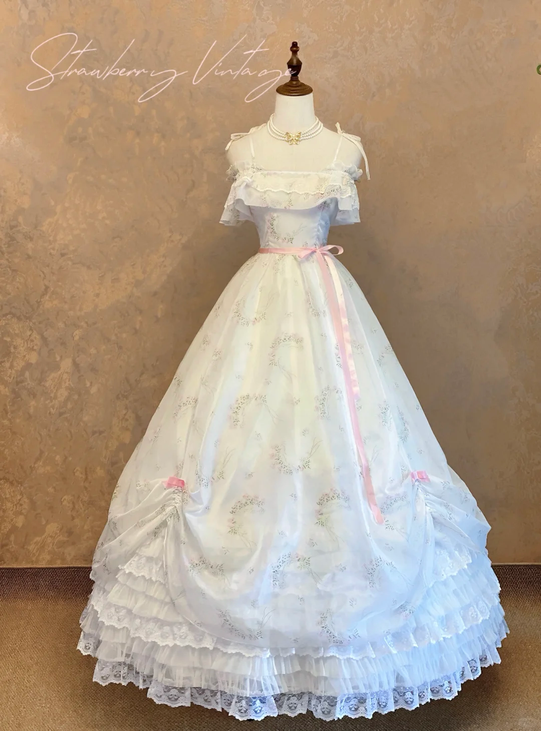 Vintage Cream Floral Spaghetti Strap Lace Pink Ribbon A-Line Quinceañera Ball Gown TP5164
