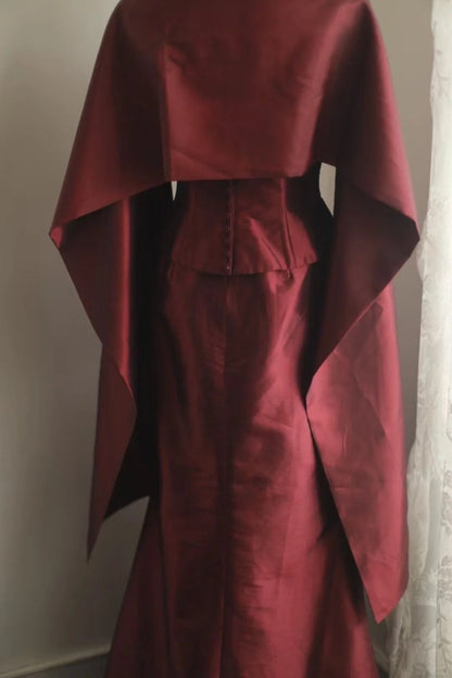 Vintage Burgundy Halter Neck Mermaid Satin Long Prom Dress Evening Dress P4250