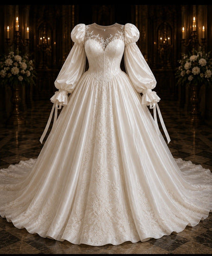 White A-Line Satin Lace Wedding Dress P5015