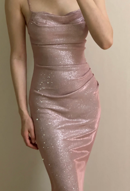 Elegant Pink Mermaid Spaghetti Strap Glittery Long Prom Dress Evening Dress Bridesmaid Dress P4253