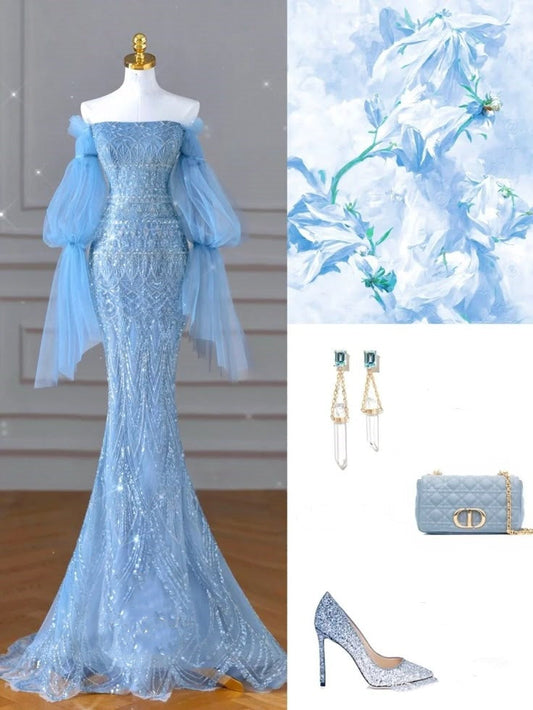 Blue luxurious gorgeous shiny exquisite beads elegant long sequined tulle long sleeve mermaid slim ball gown evening dress gh3388