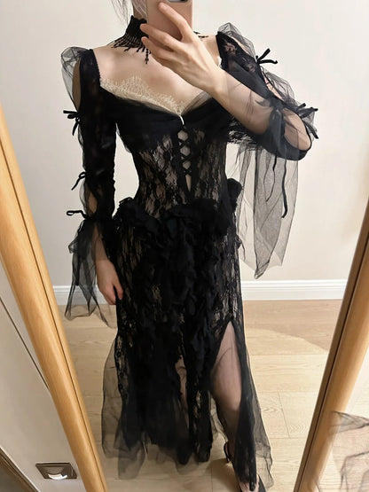 Dark Vintage Black Long Sleeve High-Slit Lace Tulle Prom Dress Evening Dress P4257