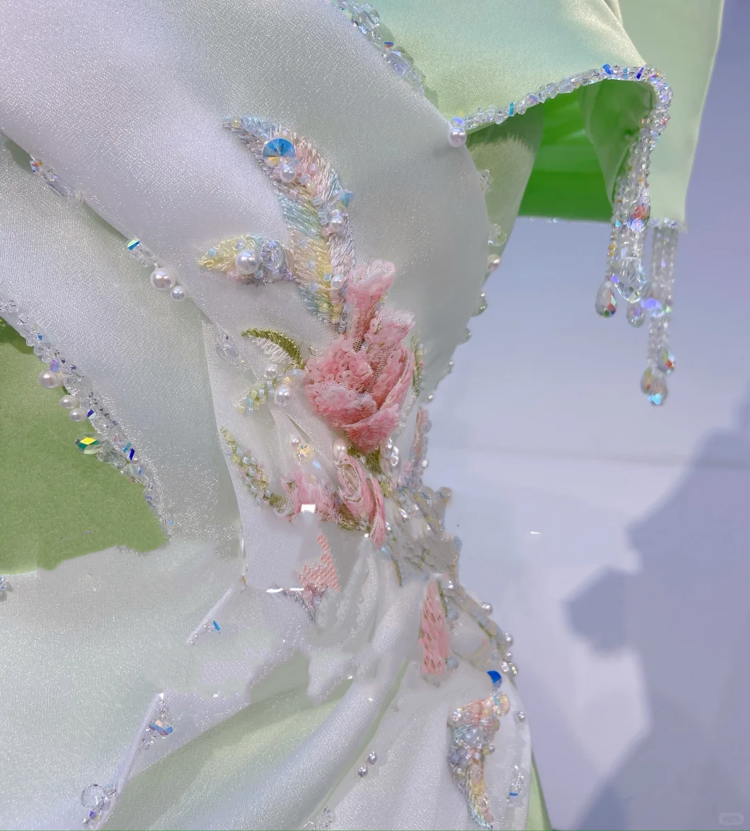 Light Green and White Color Block Waist-Cinched Fitted Elegant Long Evening Dress, Fairy Gown, Romantic Gown gh7404