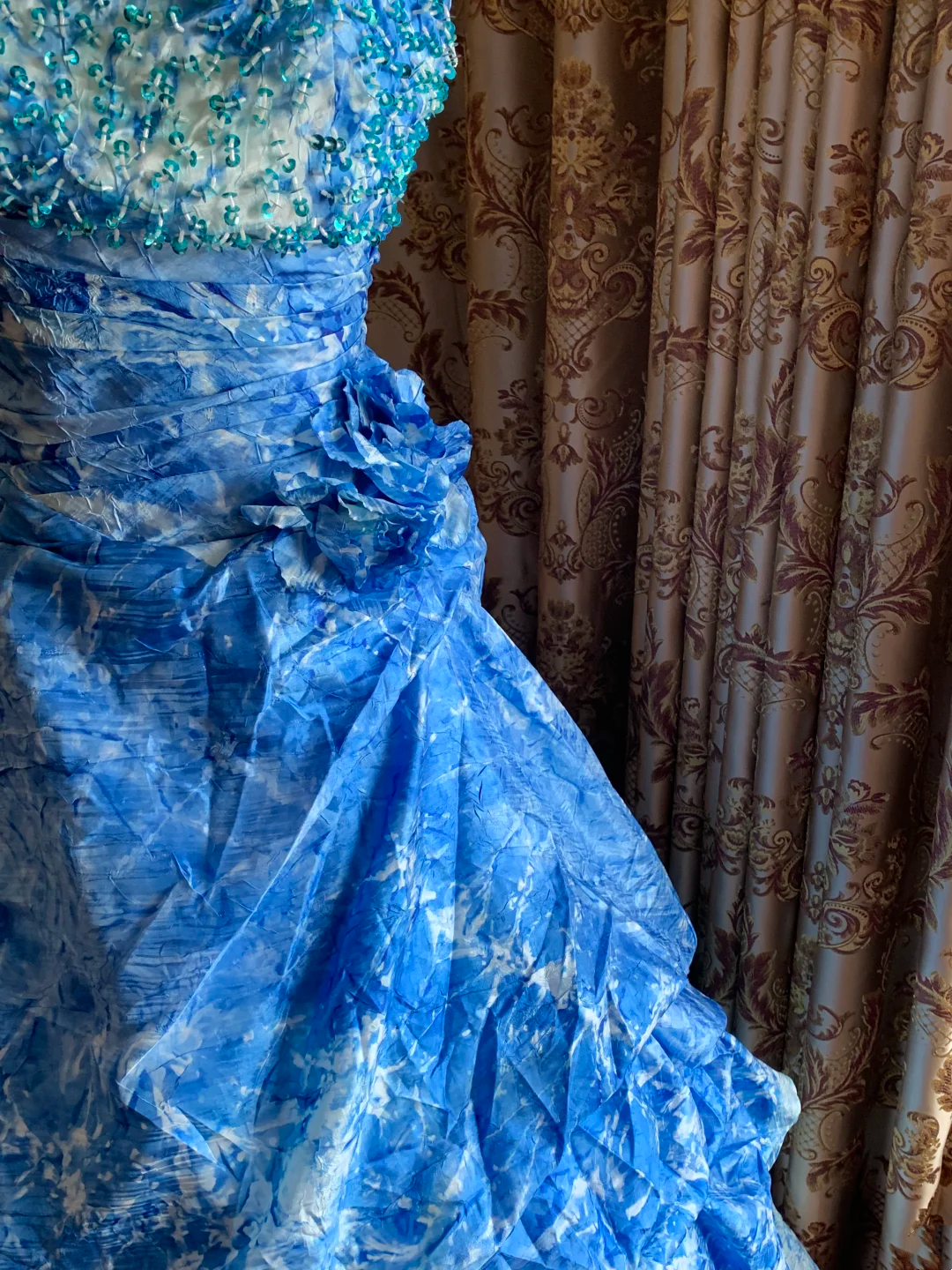 Blue Spaghetti Strap Tie-Dye Waist-Cinched Voluminous Skirt Prom Dress, Evening Ball Gown gh7286