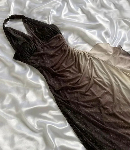 Brown Shiny Gradient Fashion Elegant Strap Long Chiffon Ruffle Ball Gown Evening Dress Party Dress gh3394