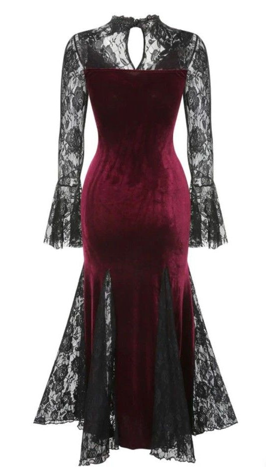 girlhomeshops-Burgundy velvet gothic lace long sleeve dress prom dress,evening dress gh5813
