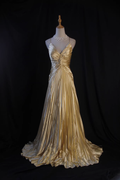 Glamorous Gold Satin Spaghetti Strap Pleated Evening Gown with Train TP5677