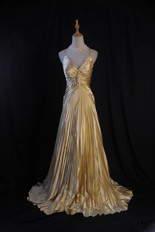 Glamorous Gold Satin Spaghetti Strap Pleated Evening Gown with Train TP5677