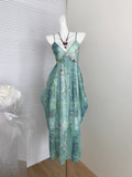 New Fashion Flora V-neck Design Beach Holiday A-line Spaghetti Strap Dress TP3369